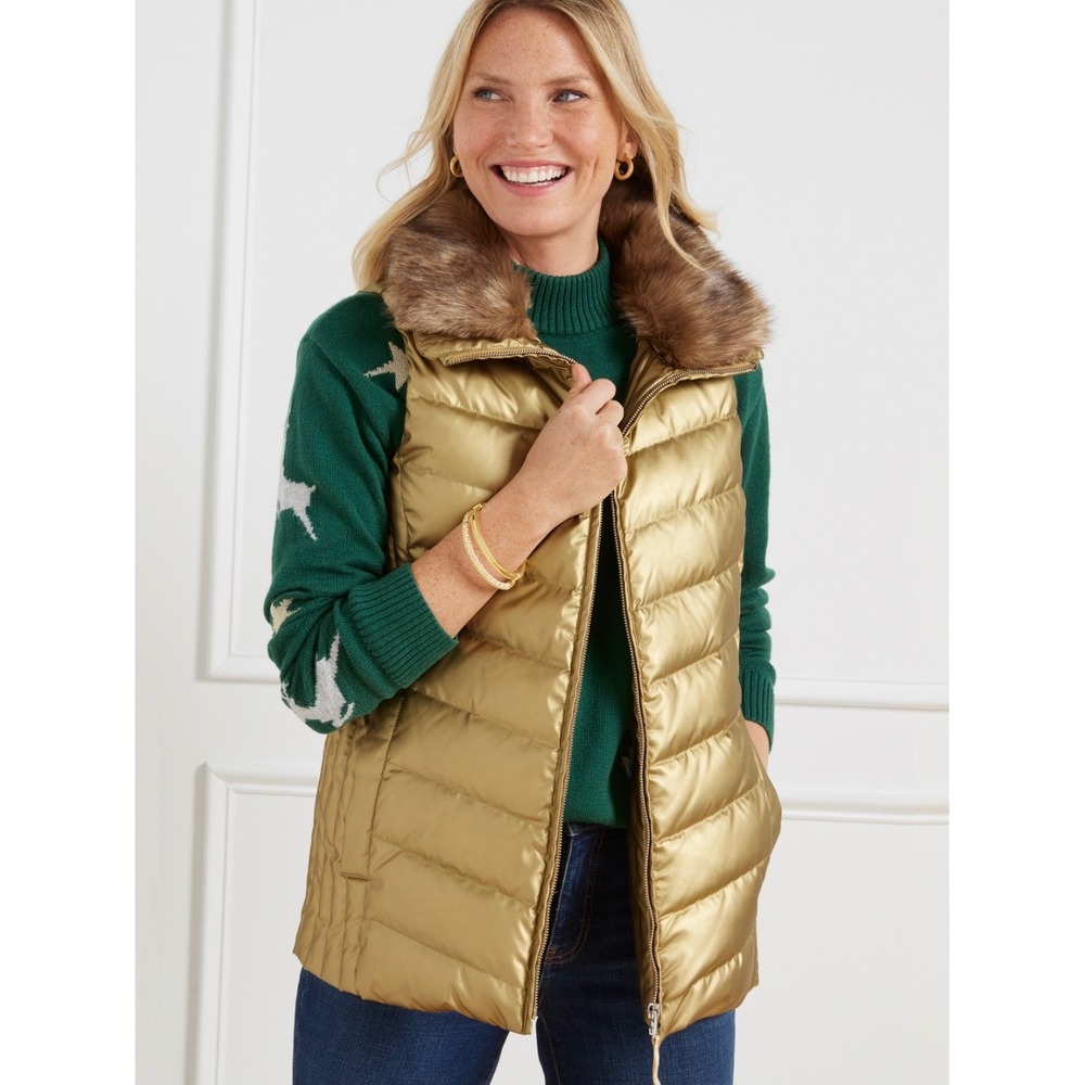 Talbots Metallic Down Puffer Vest Gold Removable Faux Fur Trim Quilted Women XL